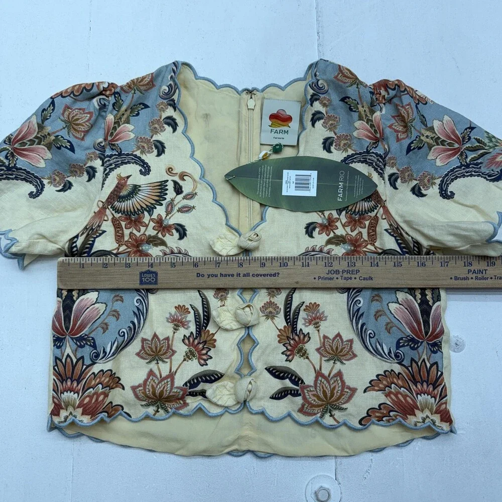 Farm Rio Top Womens M Multicoloured Linen Cropped Floral Blouse Scallop Hem